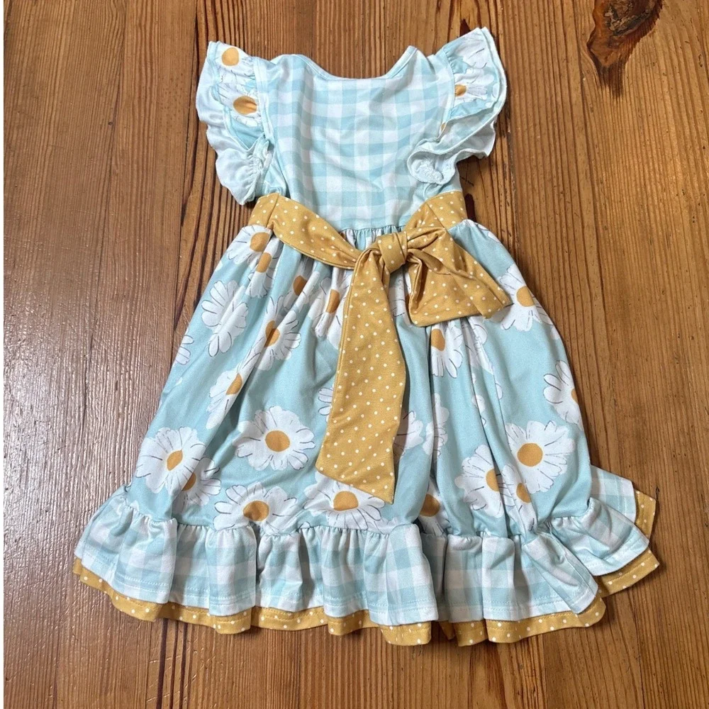 Oopsie Daisy Dress Kids Blue Gingham Floral Ruffle Sash SIZE 5/6